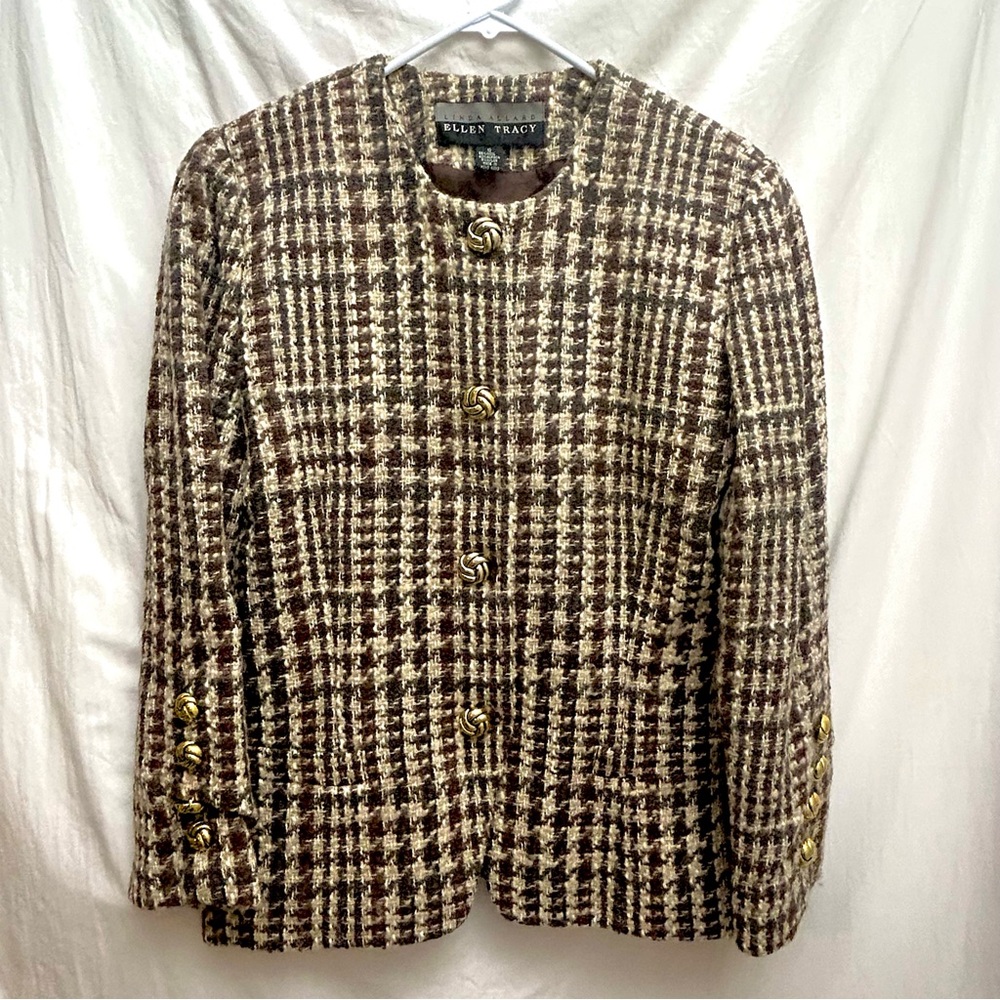 Ellen Tracy Houndstooth Blazer with Gold Accents Alpaca Wool